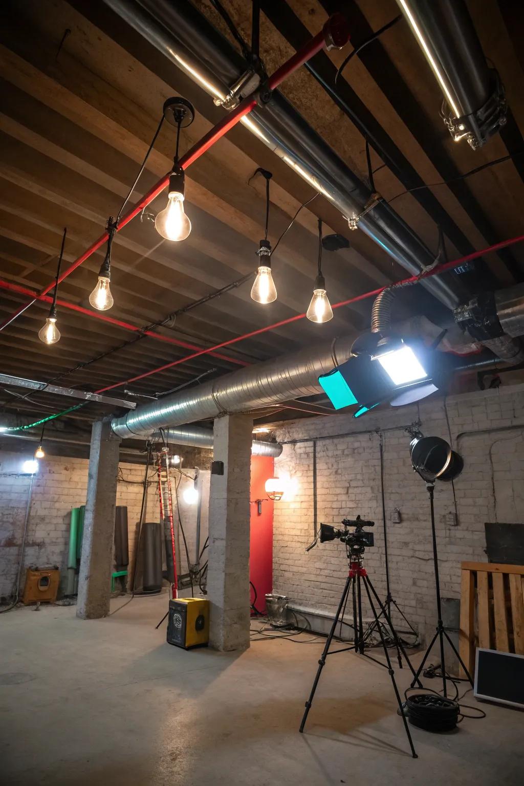 Inventive lighting can convert your basement's open ceiling into an enthralling point of focus.