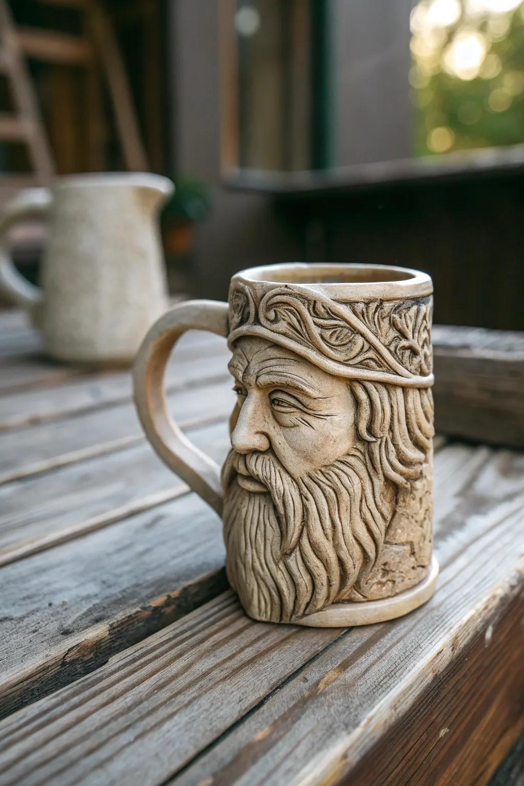 A sculpted face mug displaying elaborate details, ideal for art devotees.