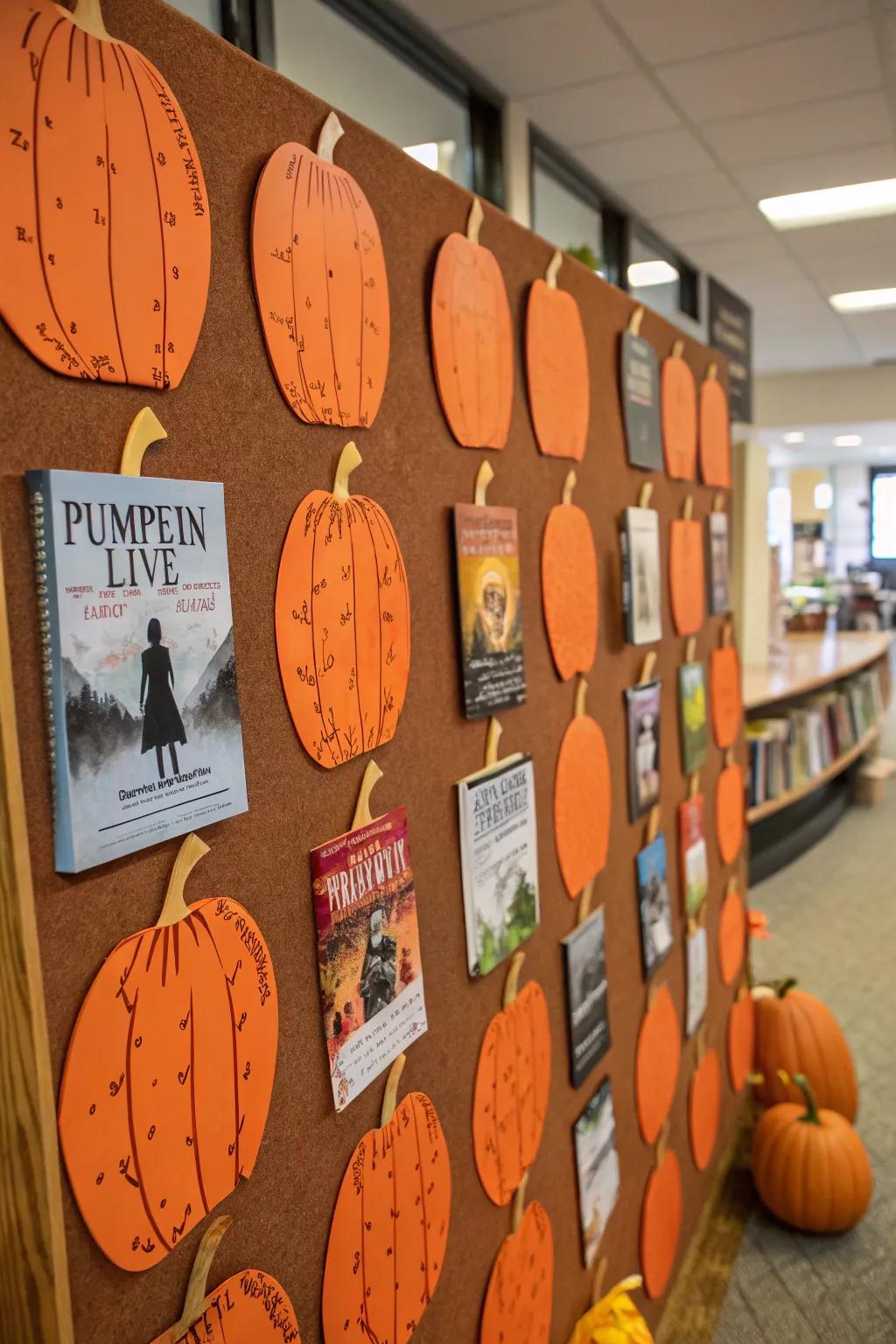 A bulletin board themed around a pumpkin patch showcases various book covers.
