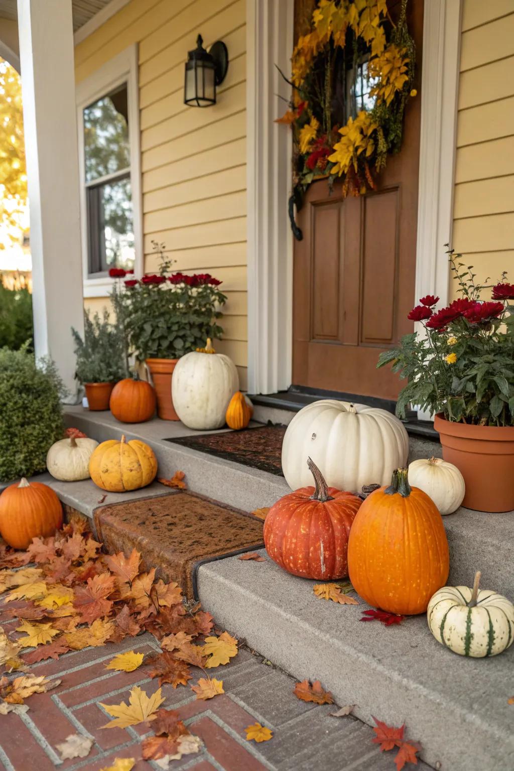 Pumpkins and gourds inject a spirited and playful essence into your fall porch.