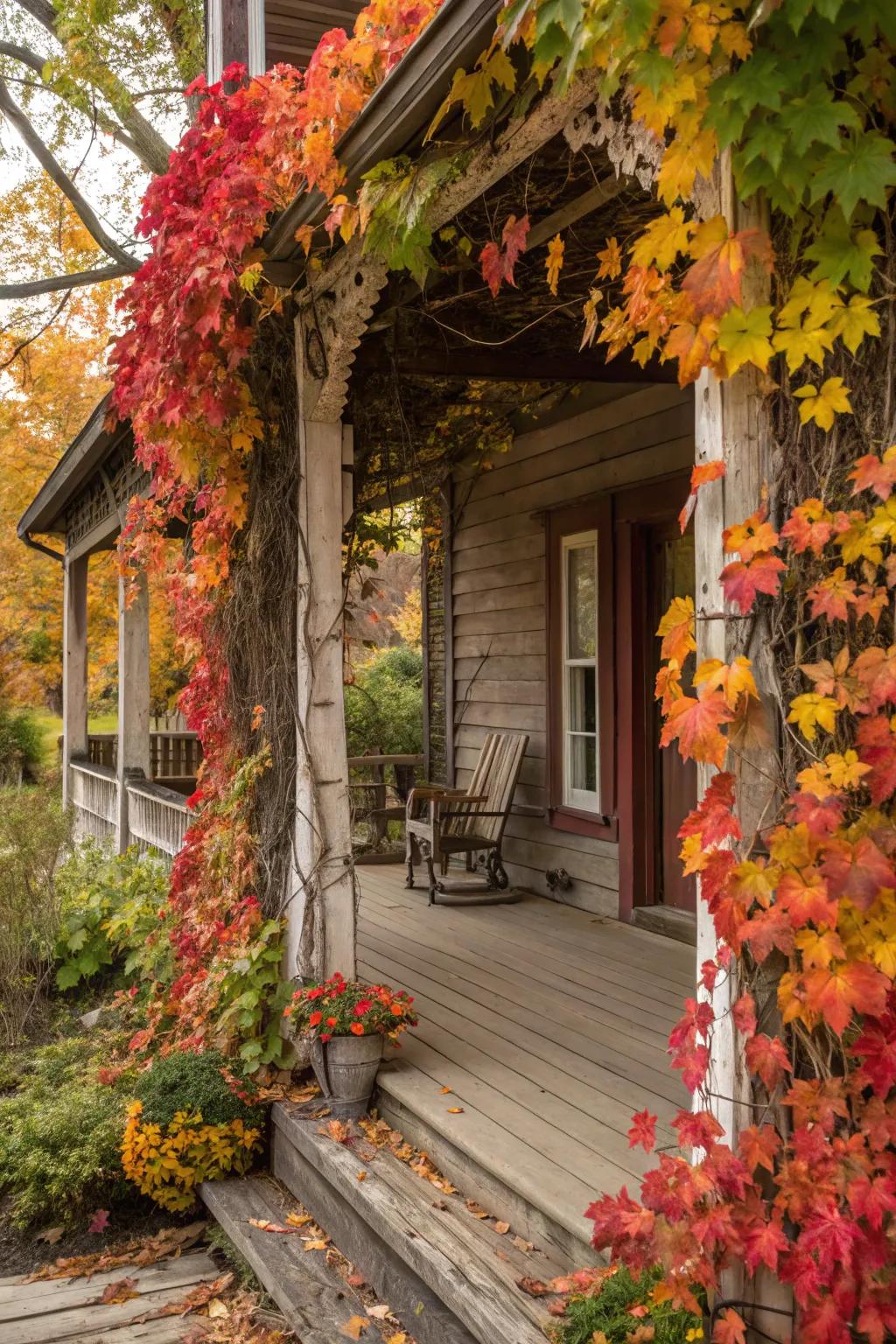 Vibrant fall foliage that introduces a natural charm to the porch decoration.