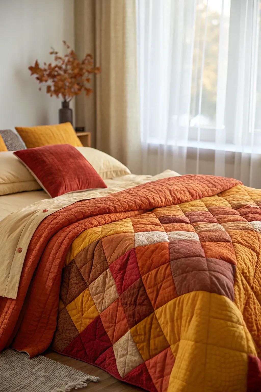 Layered coverlets fashion a snug and inviting ambiance.