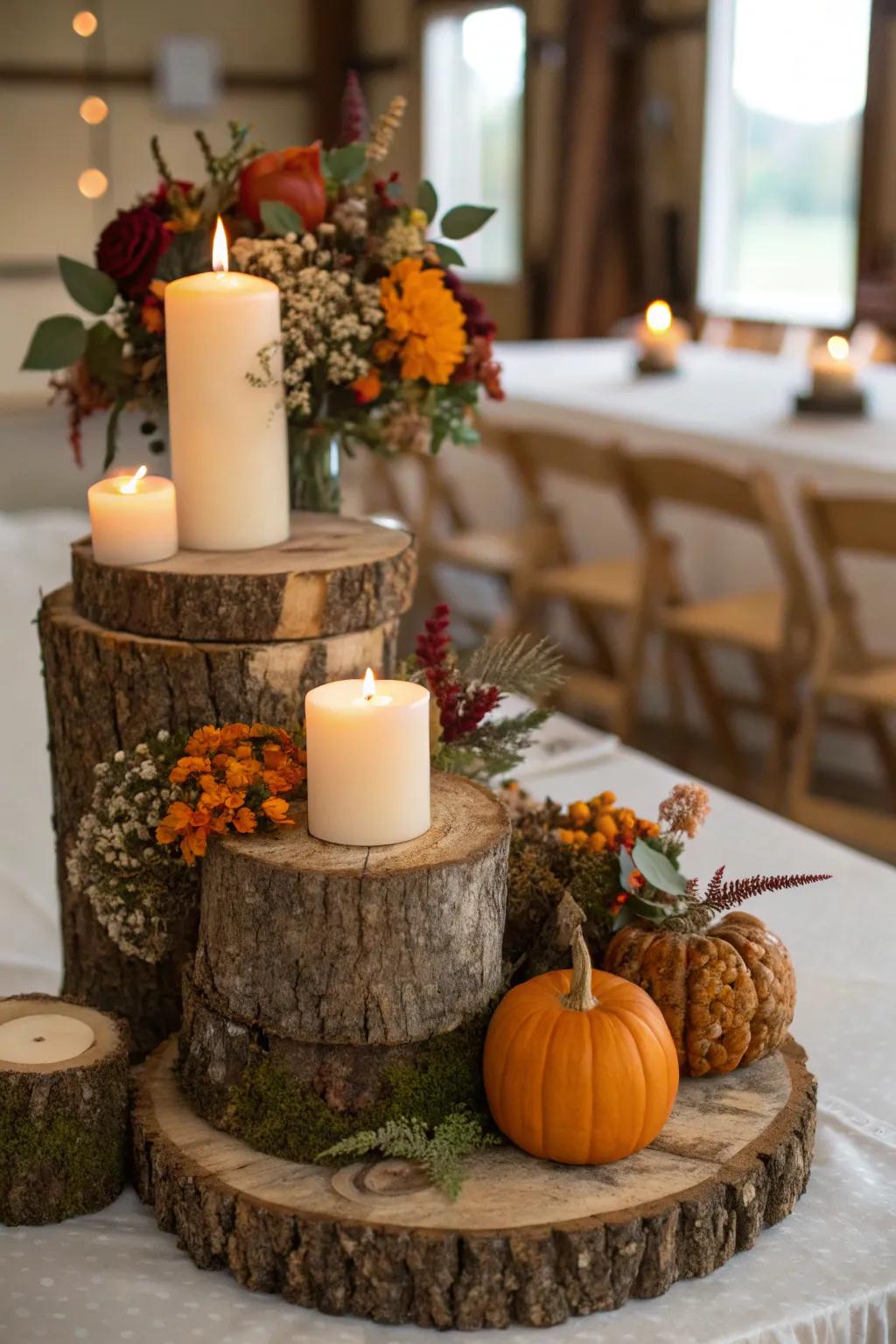 Countryside wood rounds graced with lights and autumnal florals produce a heartwarming and captivating centerpiece.