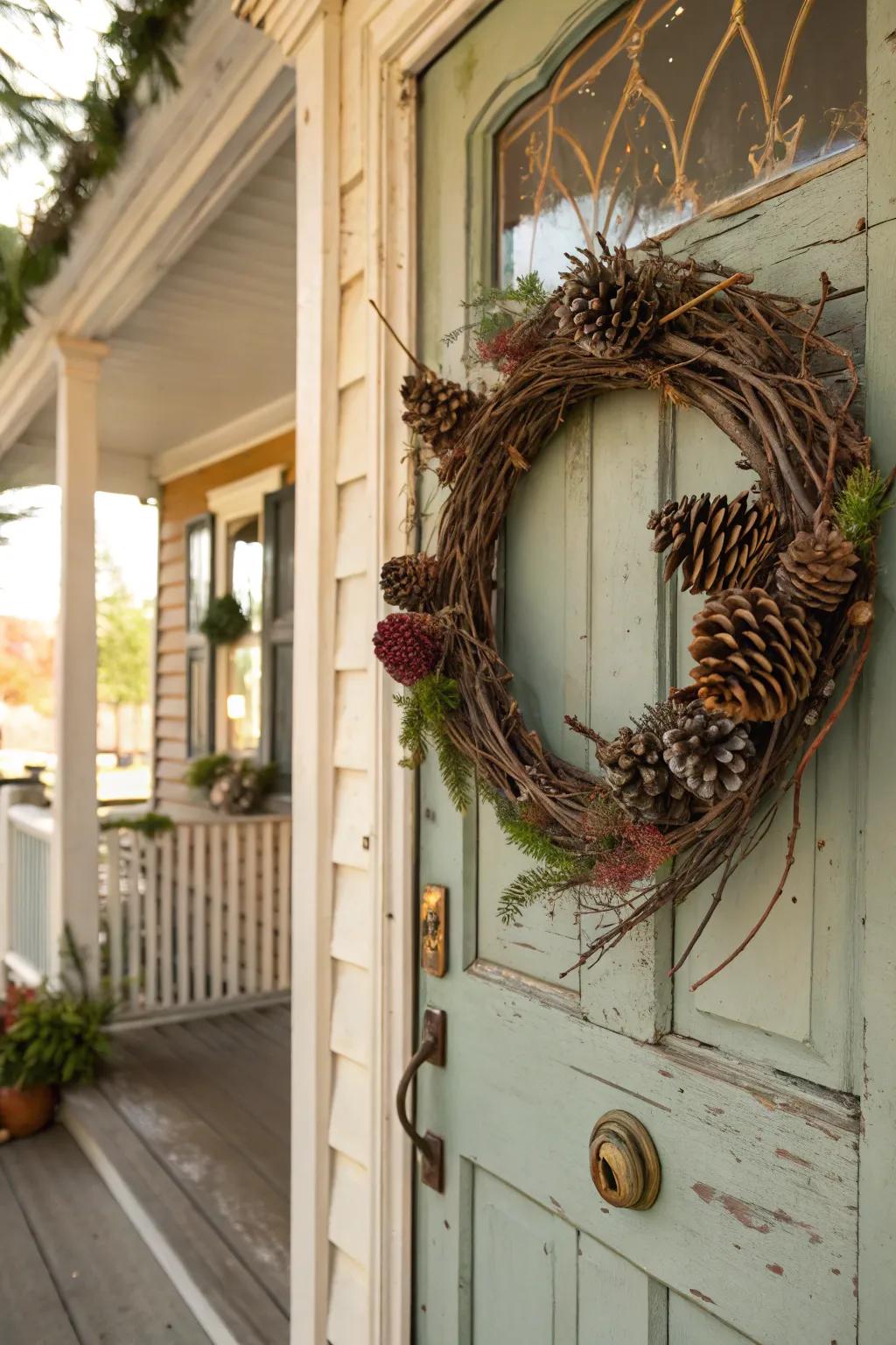 Usher the outdoors inward with a conifer cone and branch wreath.