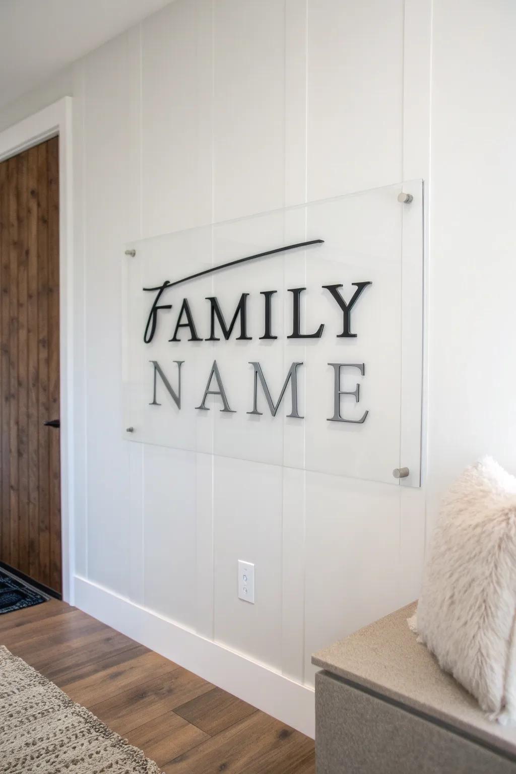 A contemporary crystalline surname display complementing a minimalist design.