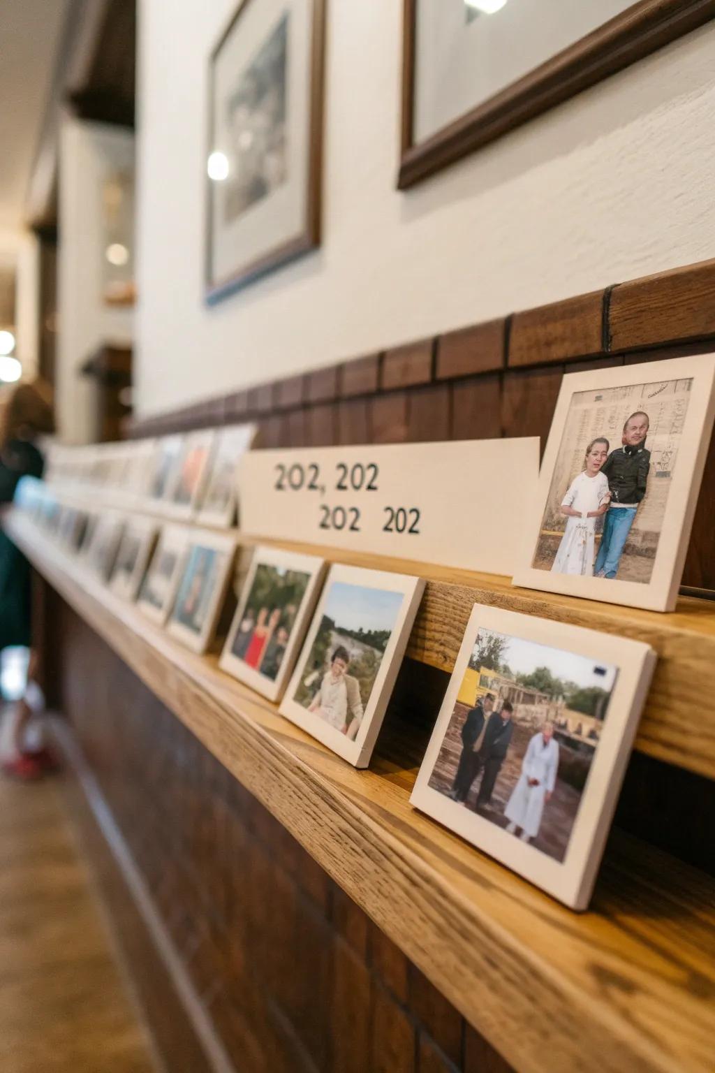 A family journey wall that exhibits images by year