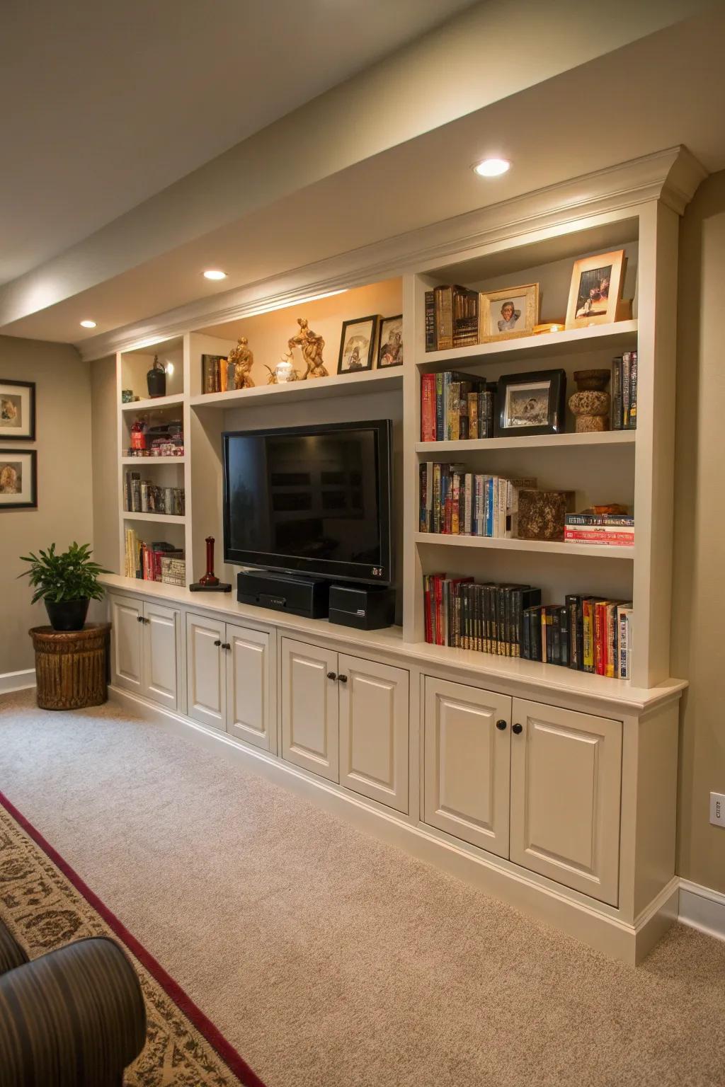 An elegant, custom-built unit frames the TV with generous shelving.