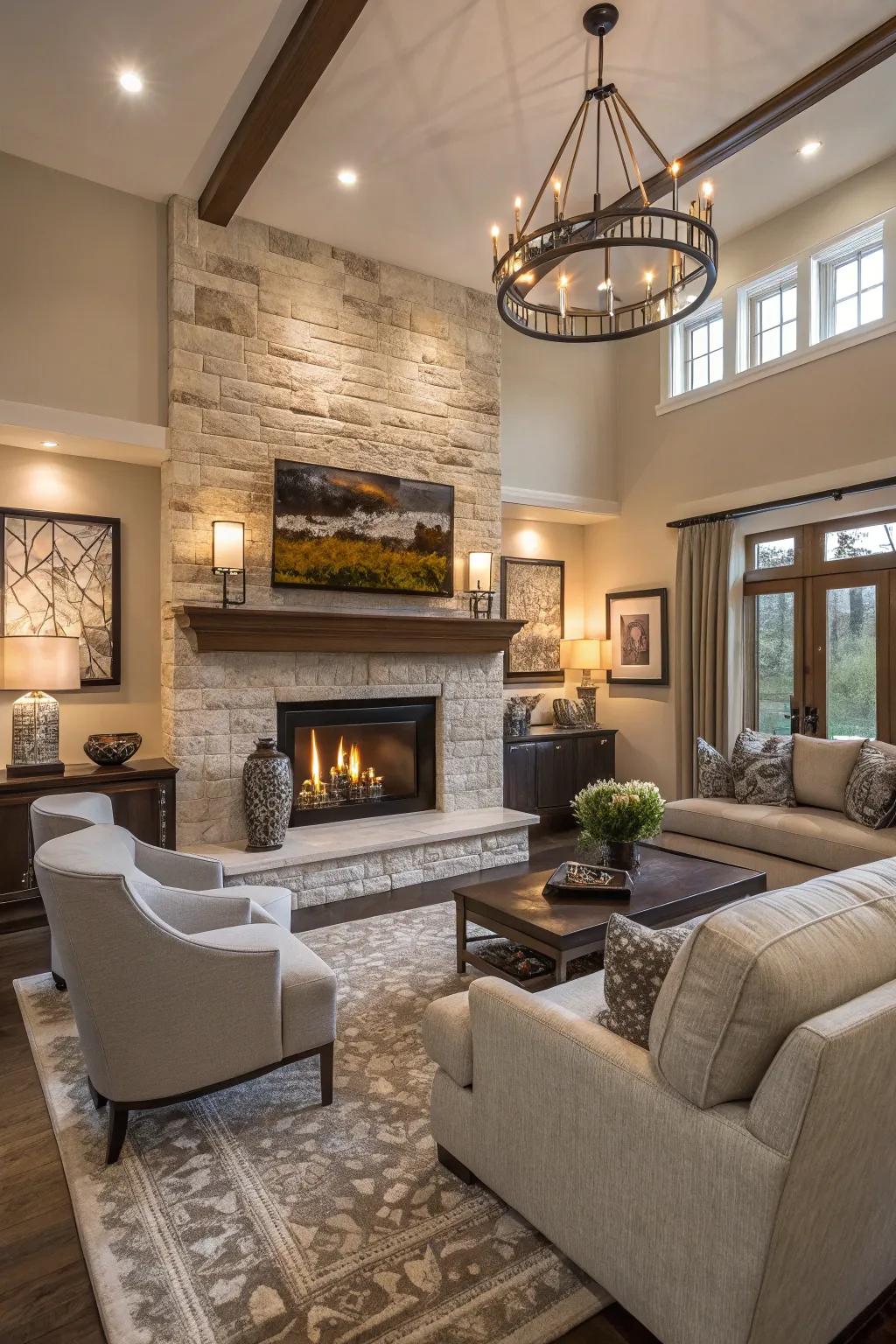 A pleasant family room featuring a prominent fireplace as the key element.