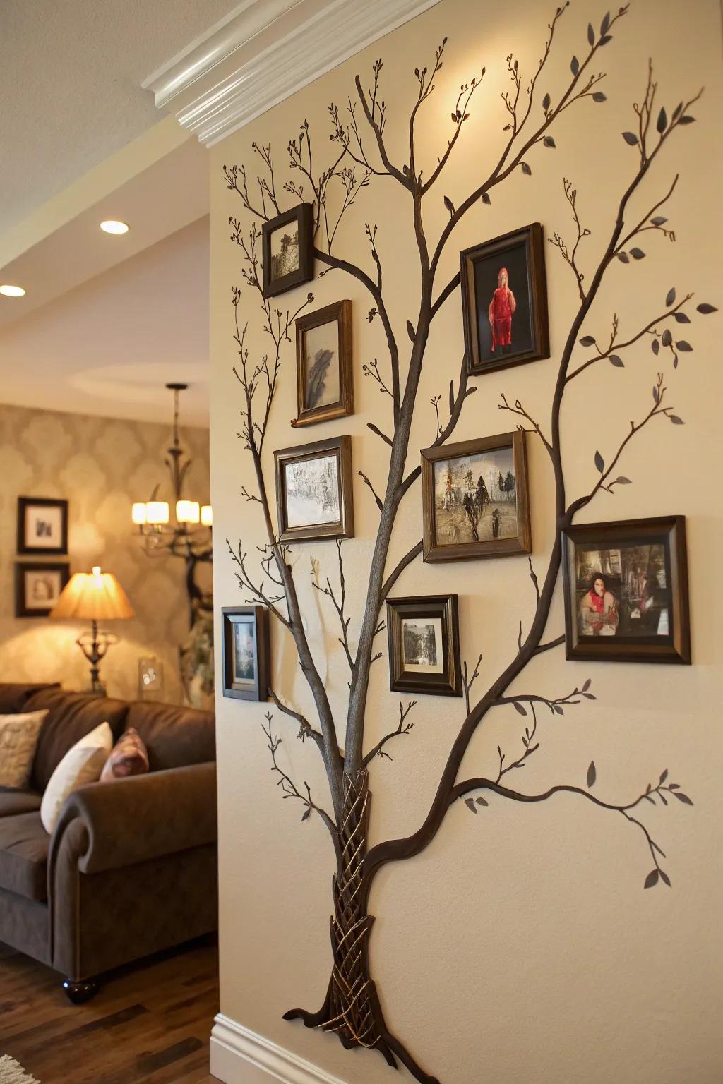 An inventive family tree showcase with limbs and incorporated family photographs.