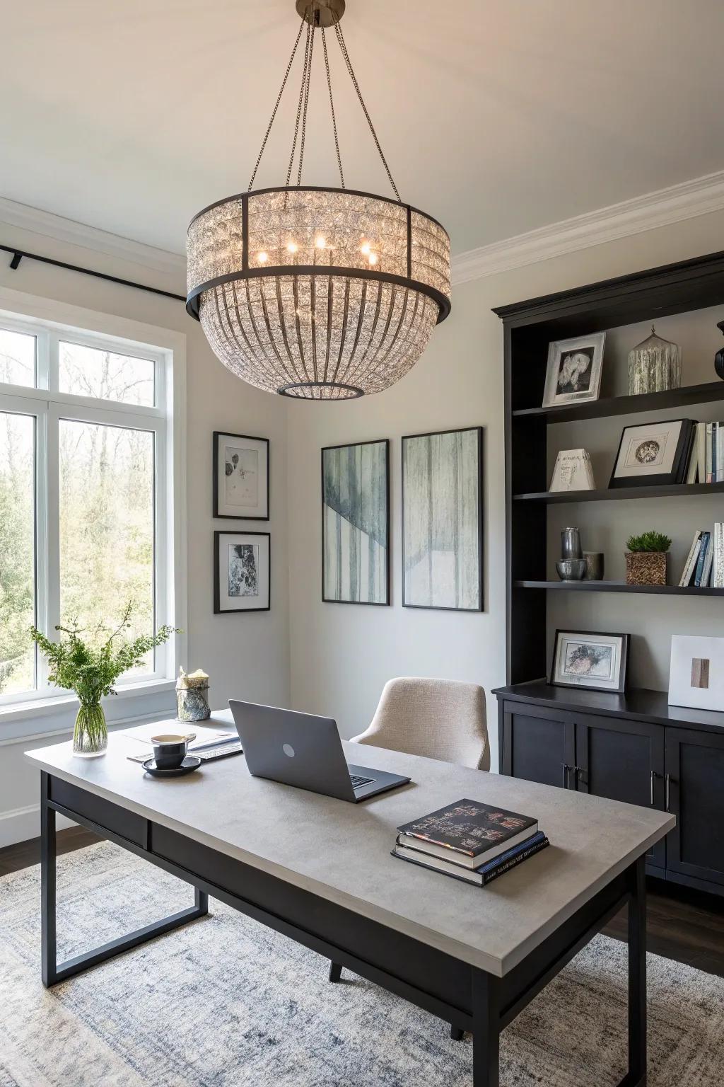 Statement lighting significantly alters the office atmosphere.