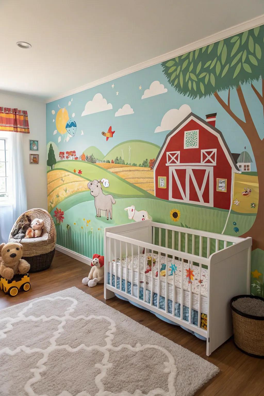 A scenery wall art can turn a baby's room into a picturesque countryside wonderland.