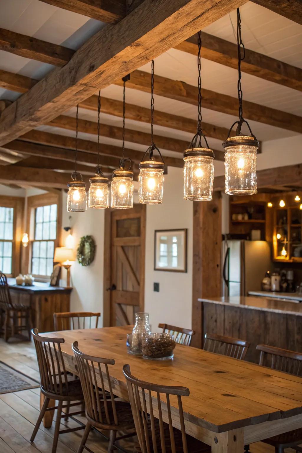 Storage jar drop lights contribute a countryside touch to the dining room.