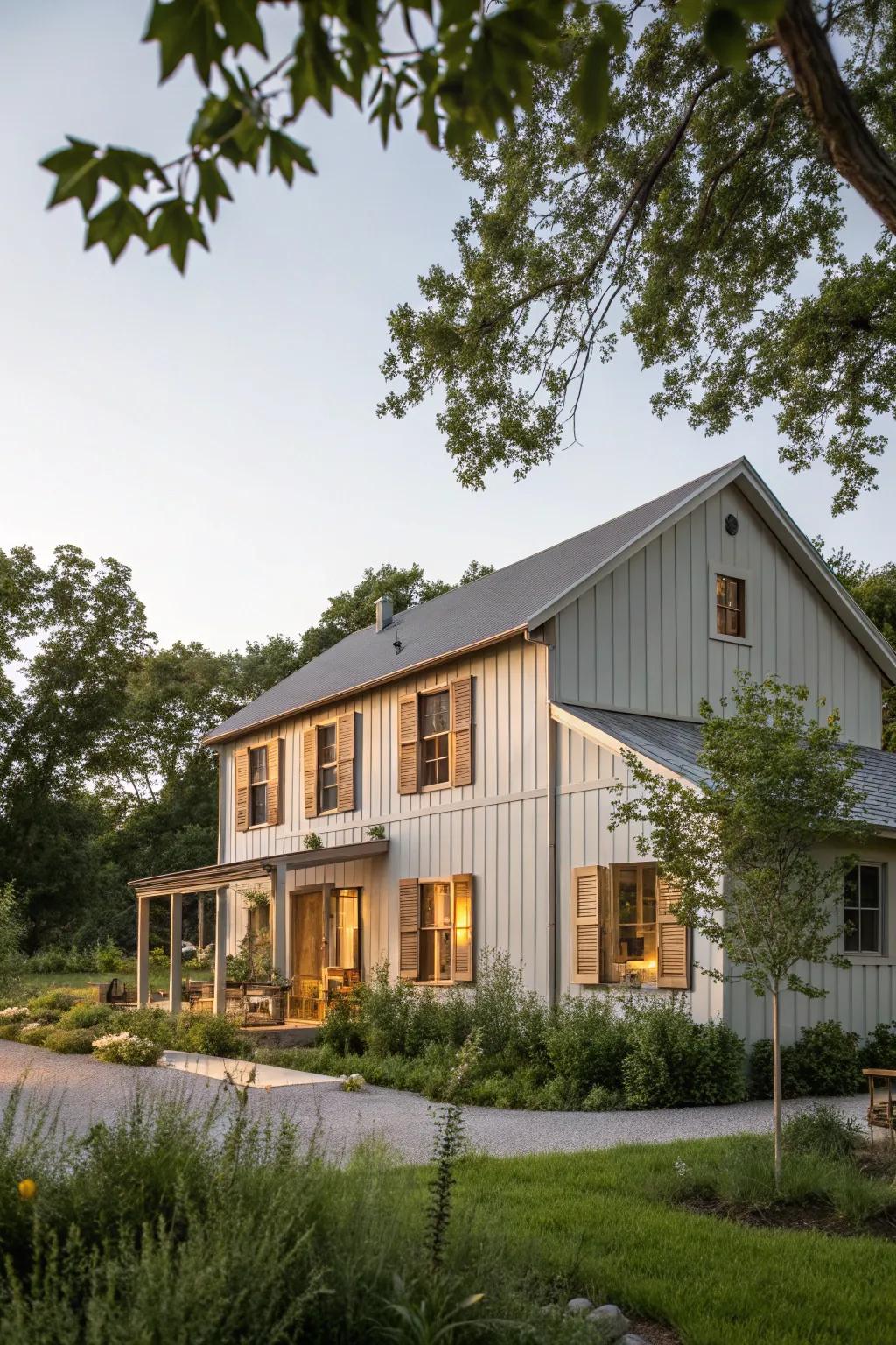 A contemporary farmhouse showcasing calming gray hues complemented by timber accents.