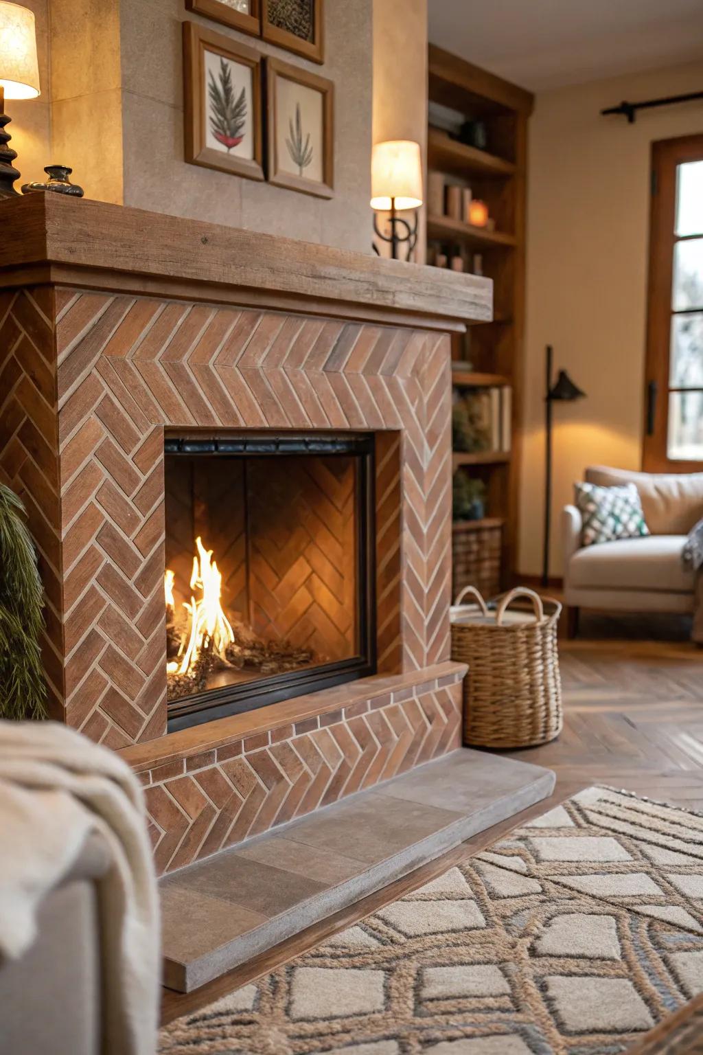 A sophisticated chevron tile layout gracing a farmhouse fireplace.