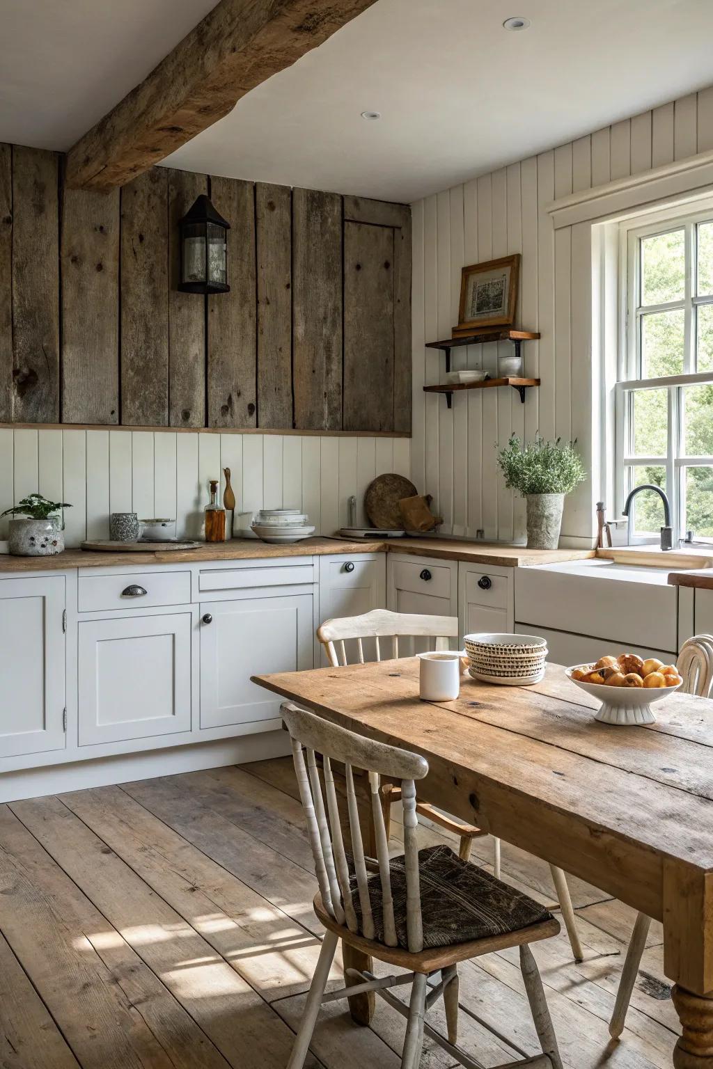 A country-style kitchen featuring a distressed timber panel backsplash.