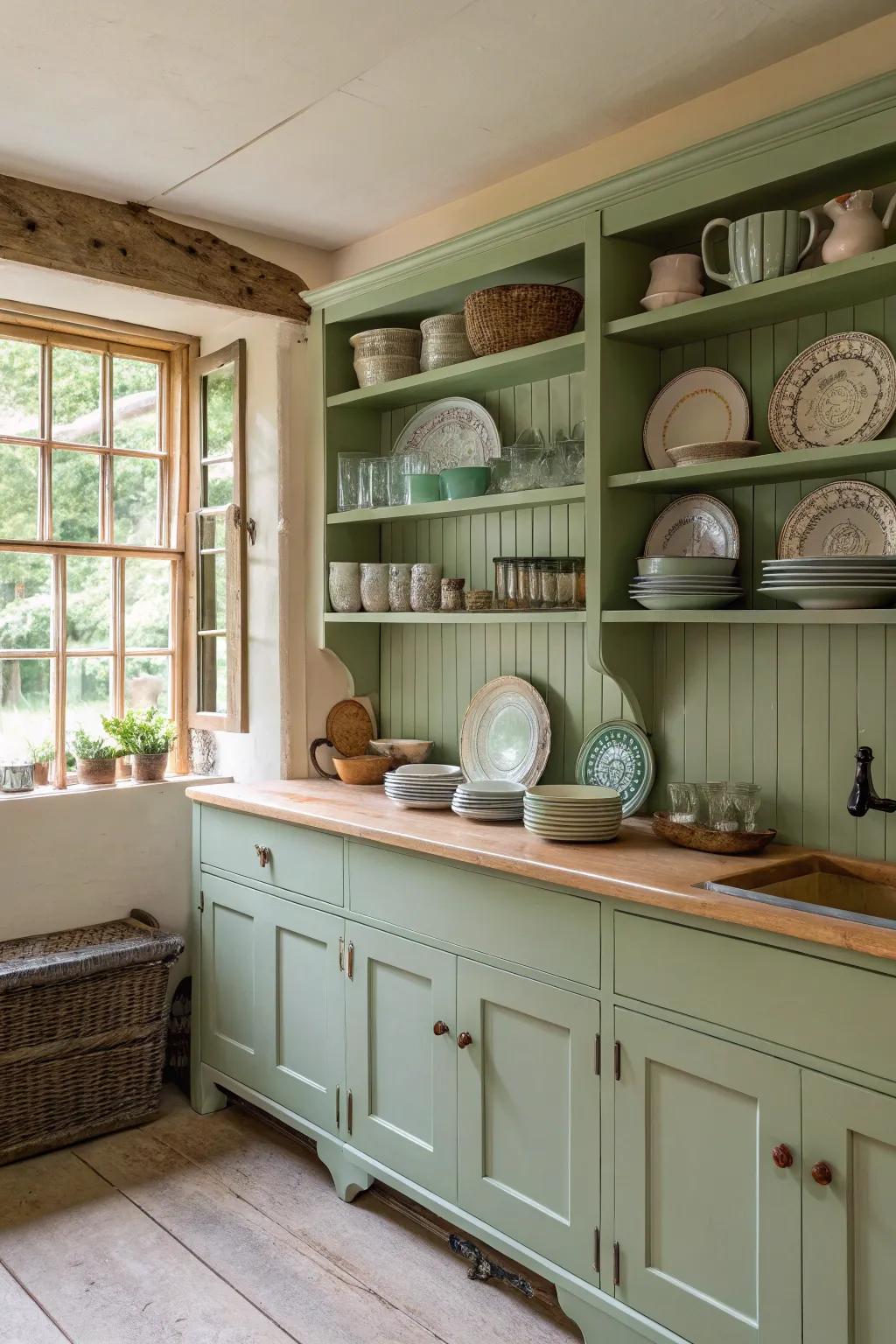 Soft green engenders a tranquil and welcoming kitchen environment.