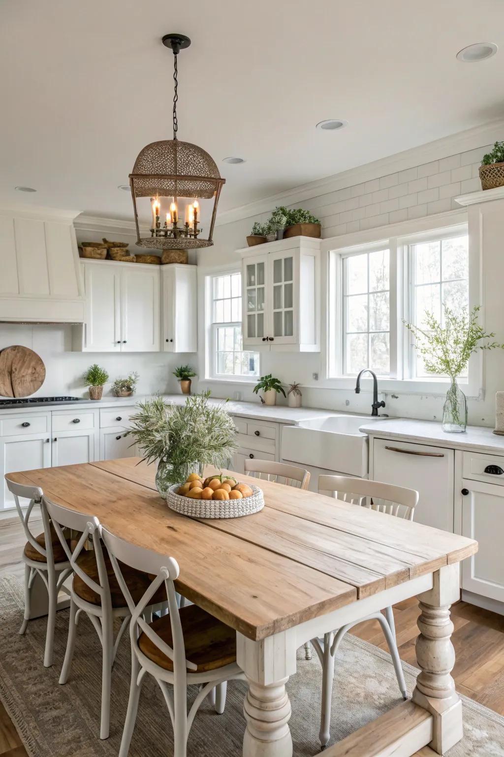 A radiant farmhouse kitchen distinguished by its white cabinetry and understated neutral embellishments.