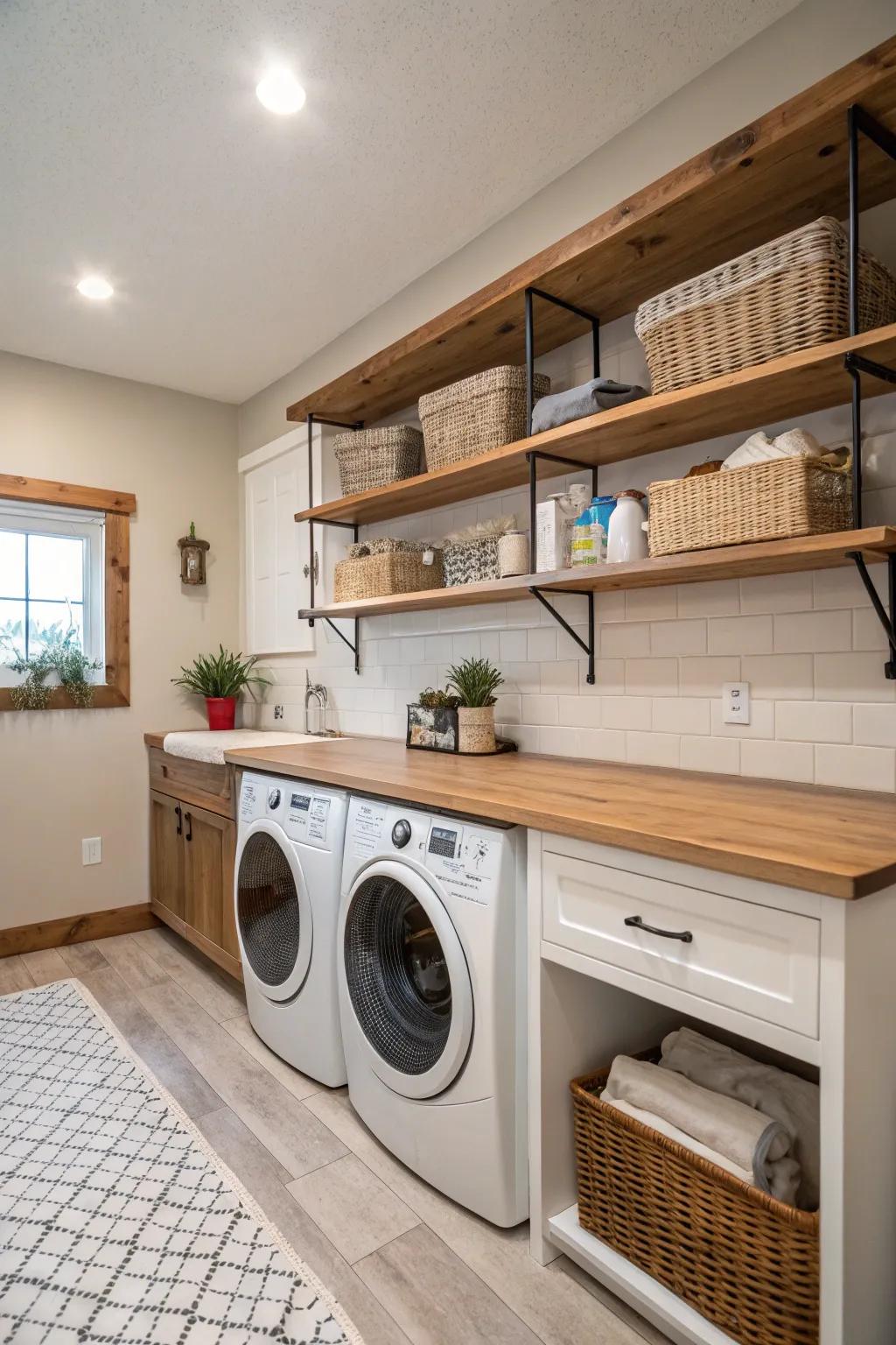 Inviting timber elements offer both charm and practicality in this farmhouse laundry area.