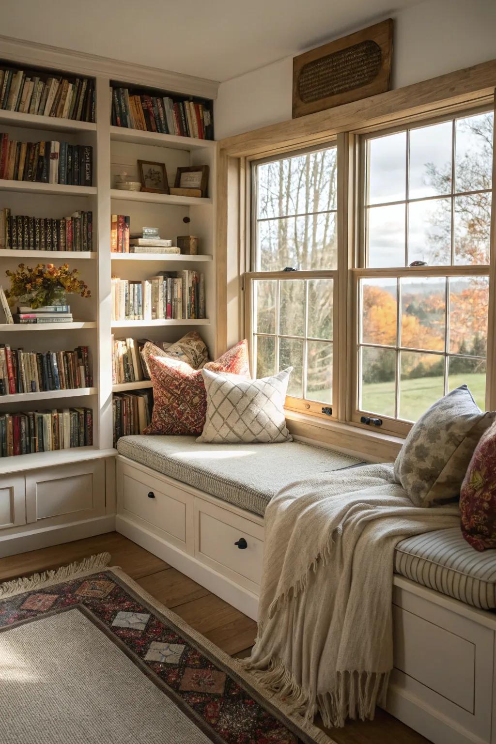 A window nook encourages leisure and offers an illuminated space for reading.