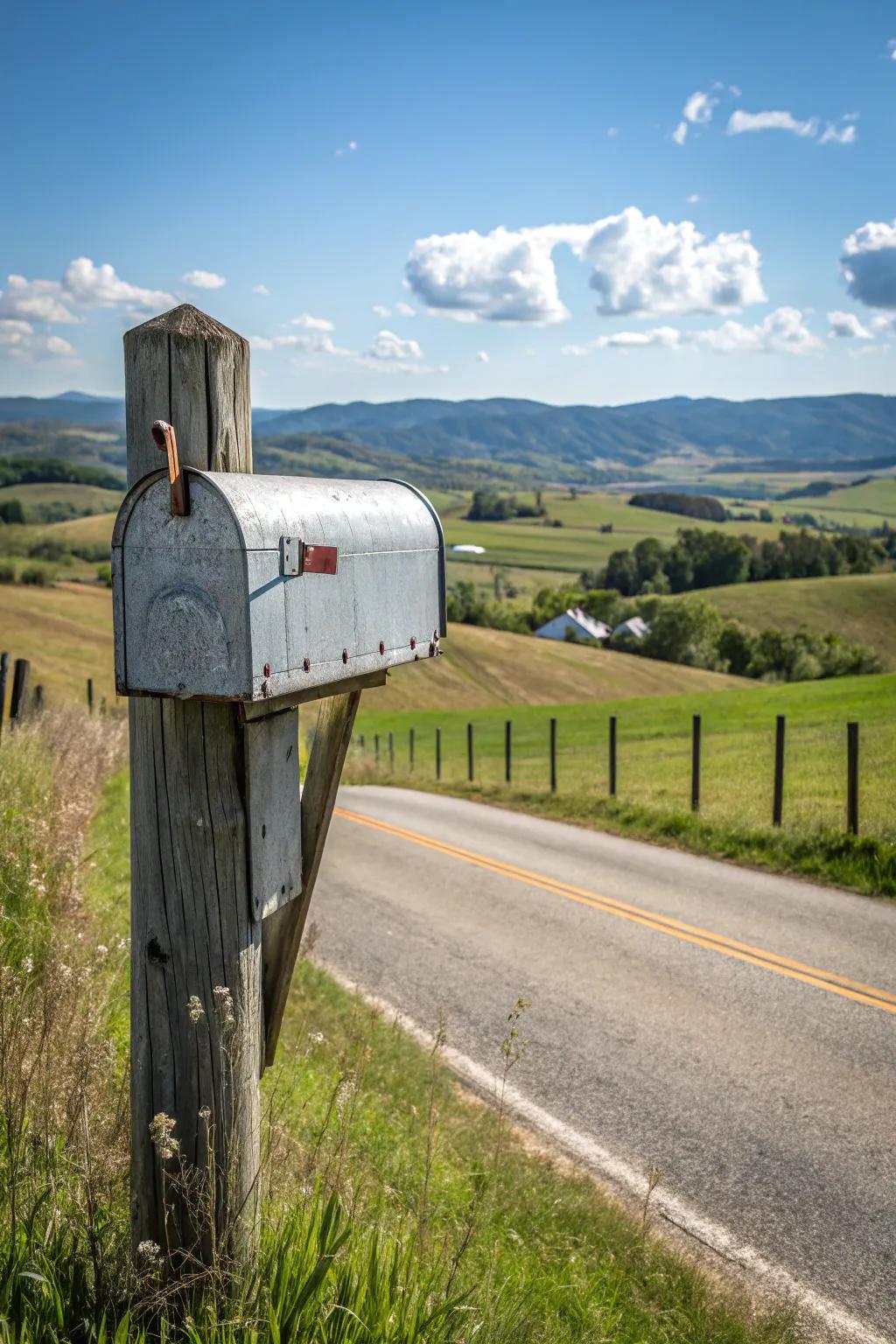 A galvanized metal mailbox introduces an element of industrial charm into a pastoral scene.