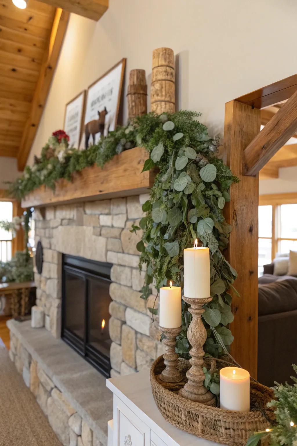 Eucalyptus garland contributes a revitalizing, natural aspect to the farmhouse mantel.