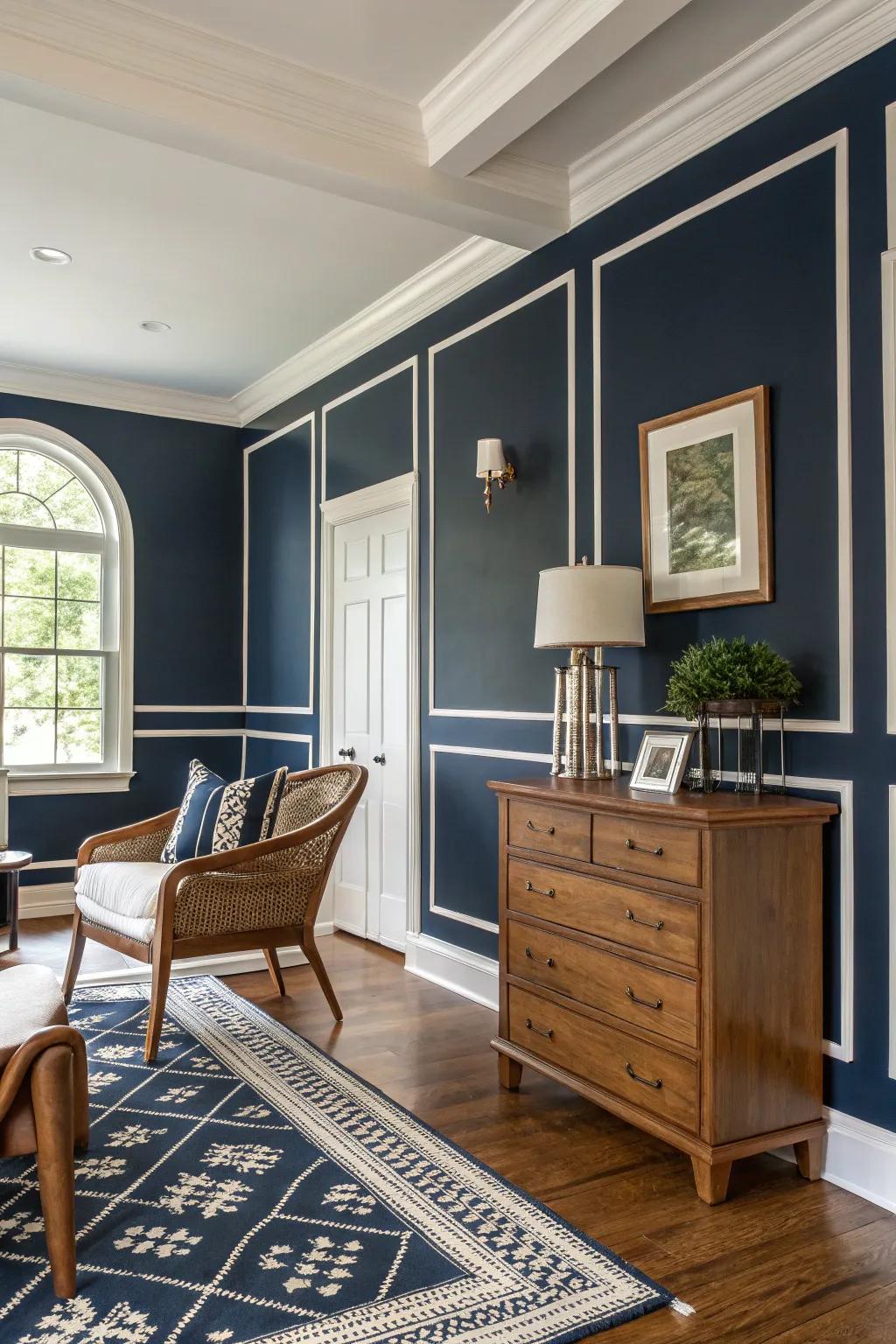 A deep indigo wall imparts refinement and dimension to this farmhouse setting.