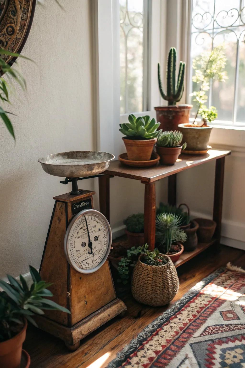 A vintage scale ornamented with verdant vegetation for a rejuvenating impression.