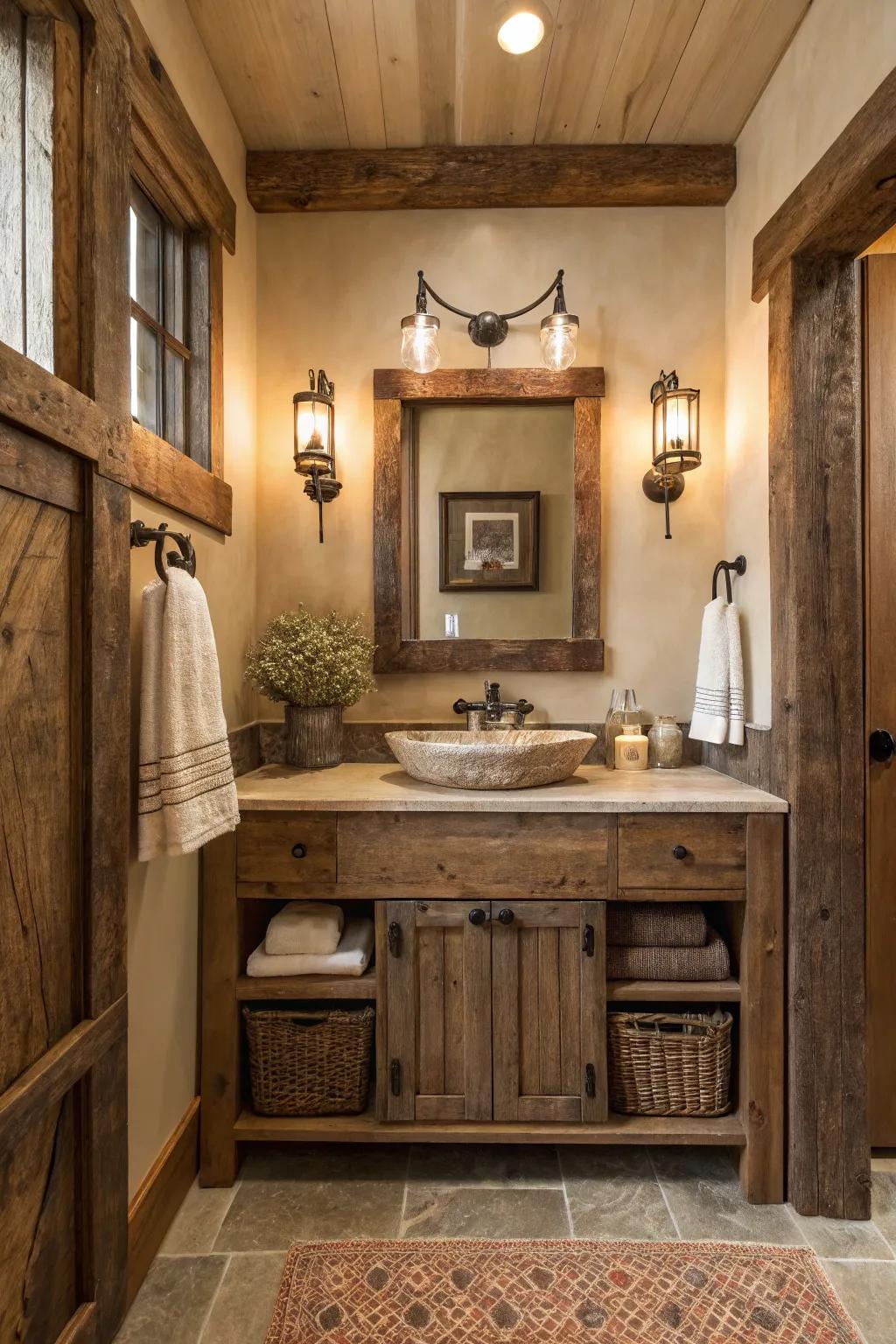 A repurposed timber stand introduces rustic sophistication to this farmhouse bathroom.