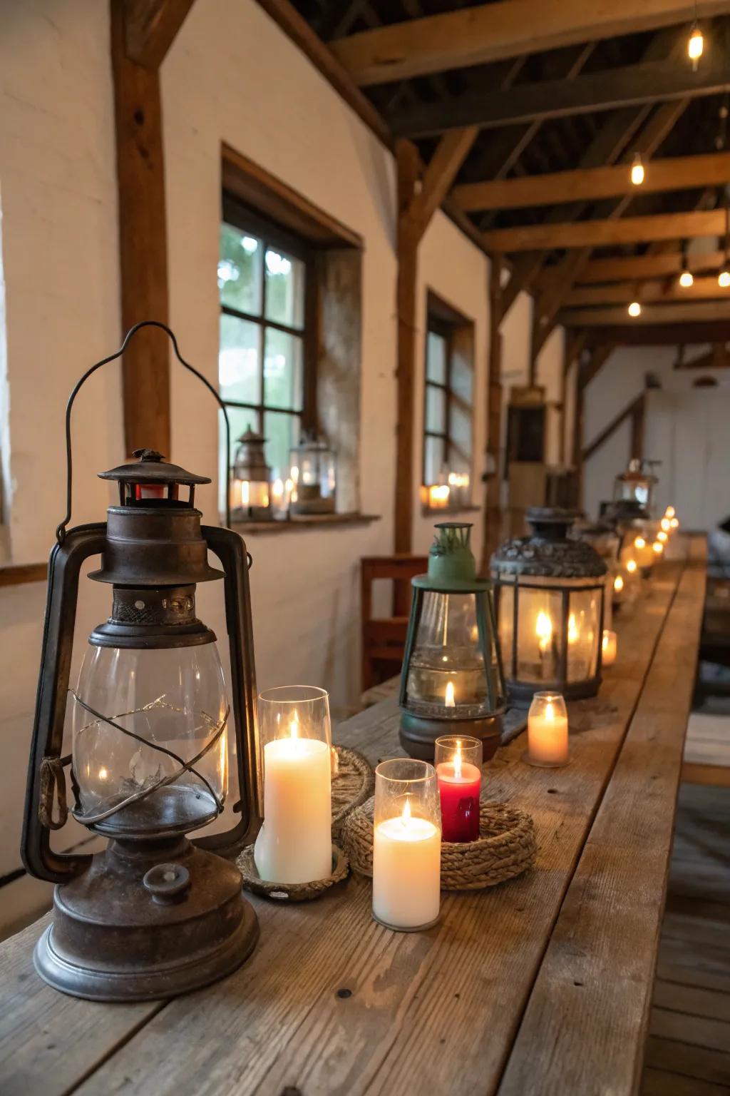 Lanterns with candles provide a comfortable, enticing light to any table design.