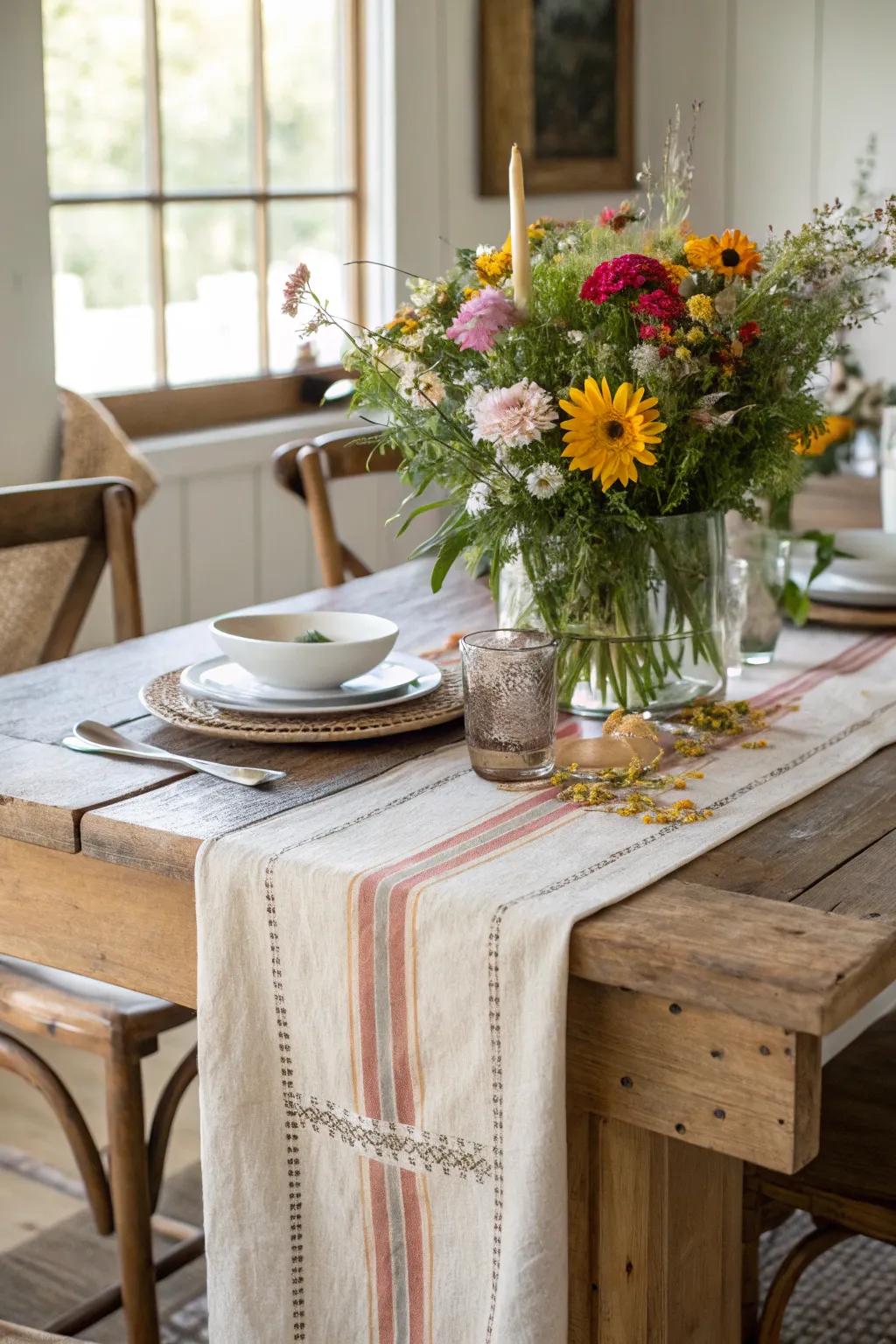 Layered flaxen and cotton adornments introduce richness to the table arrangement.