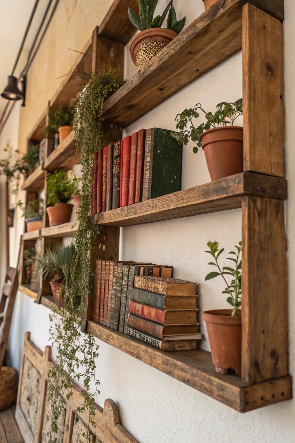 Upcycled wood shelves contributing warmth to a farmhouse wall.