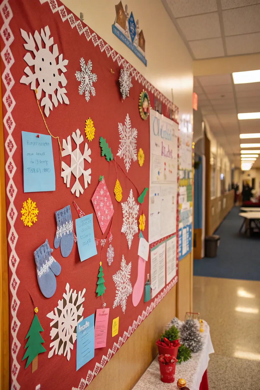 A winter utopia-themed bulletin board featuring snowflakes and hand coverings.