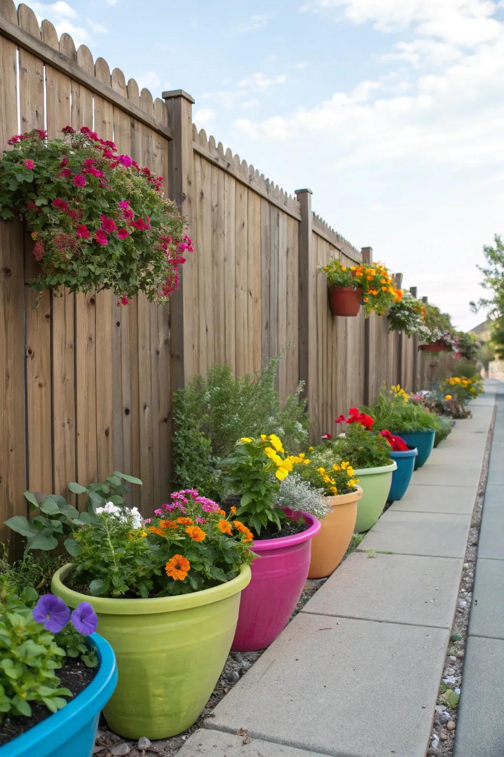 An array of potted flora enlivens any fencing structure.