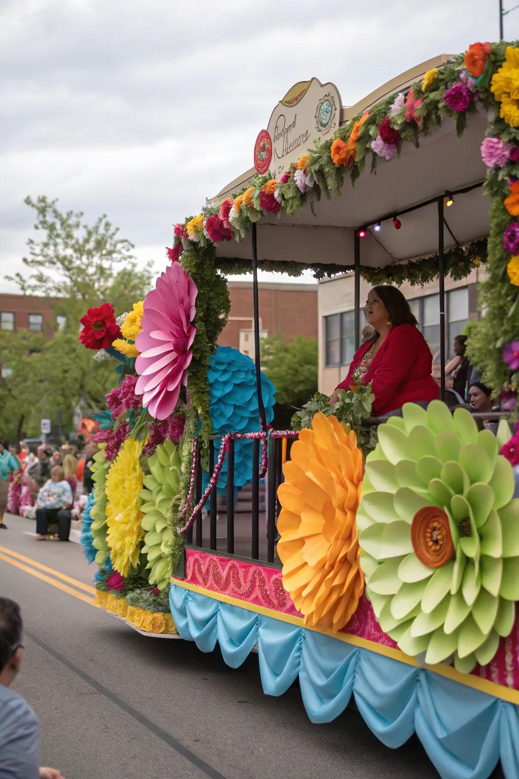 A floral showcase on a parade float.