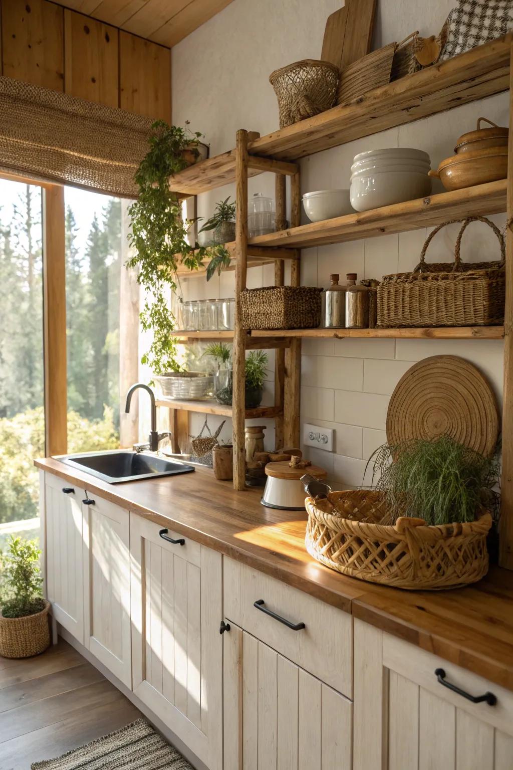 Natural charm: A cooking area that demonstrates the use of timber and bamboo handsomely.