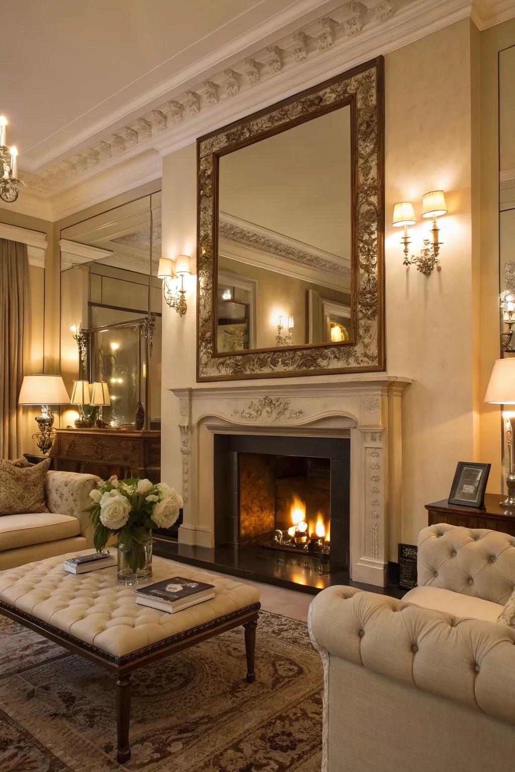 An elegant living room featuring a grand mirror above the fireplace, contributing depth and light.