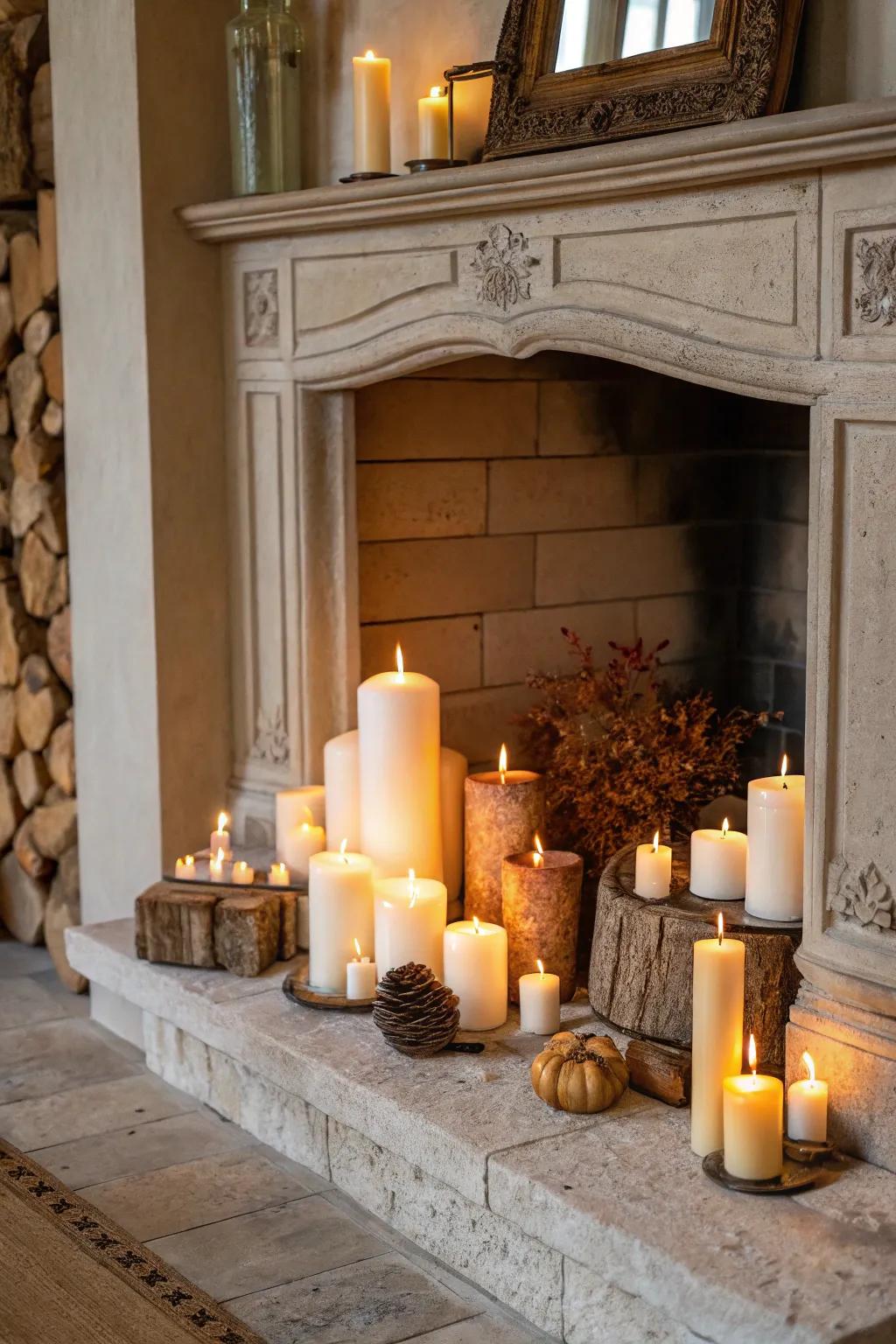 Establish a sophisticated atmosphere with a gathered arrangement of illuminations within your fireplace.