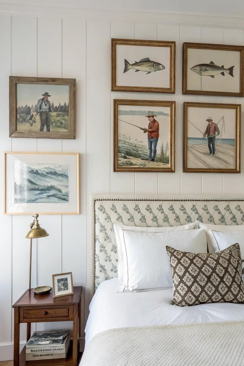 Wall displays can act as a central feature in your angling-themed bedroom.