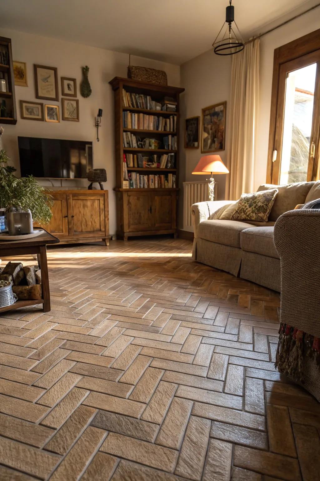 Herringbone tiles create a sense of movement in living spaces.