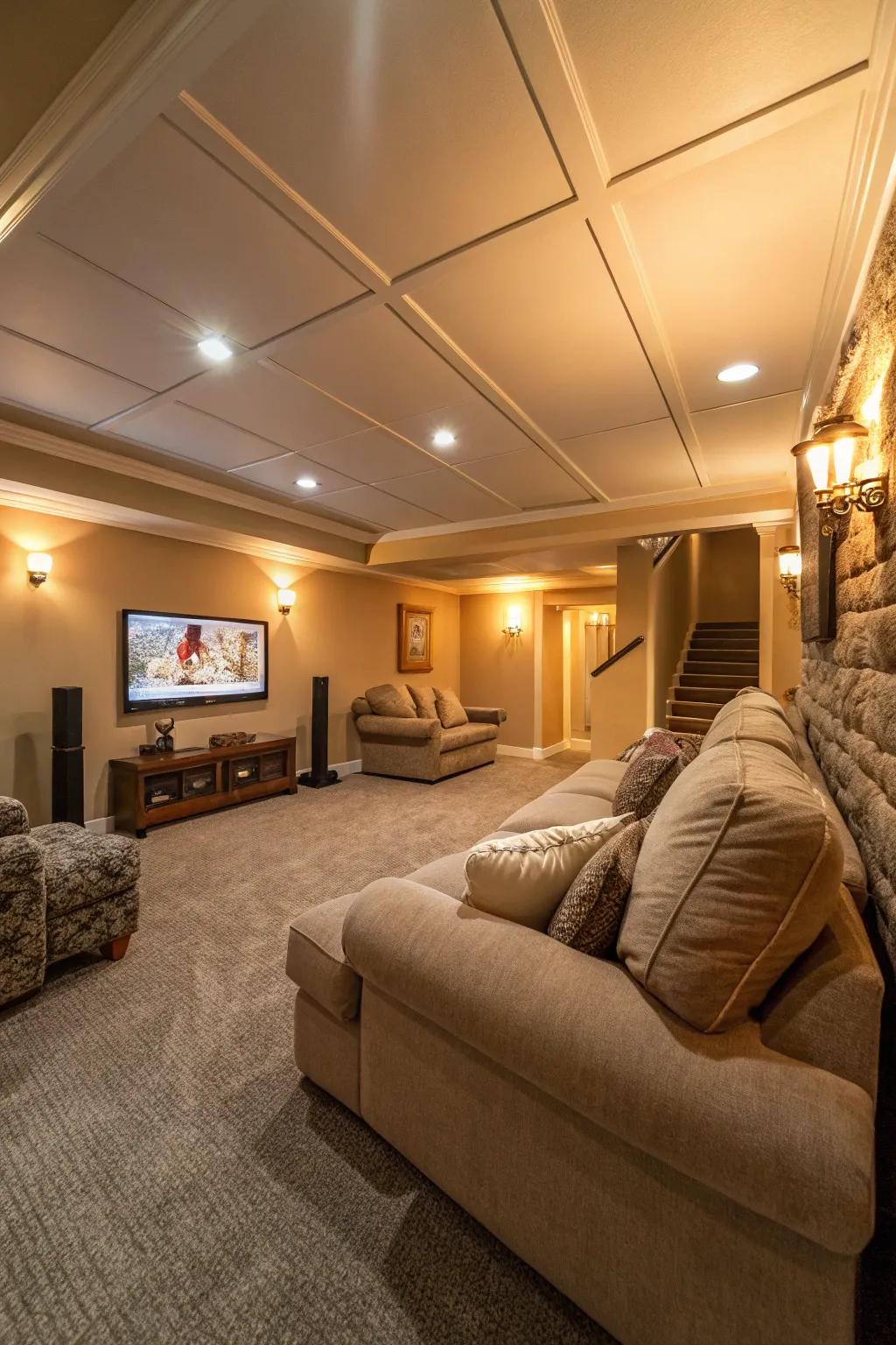 Plush carpet transforms your basement into a cozy haven.