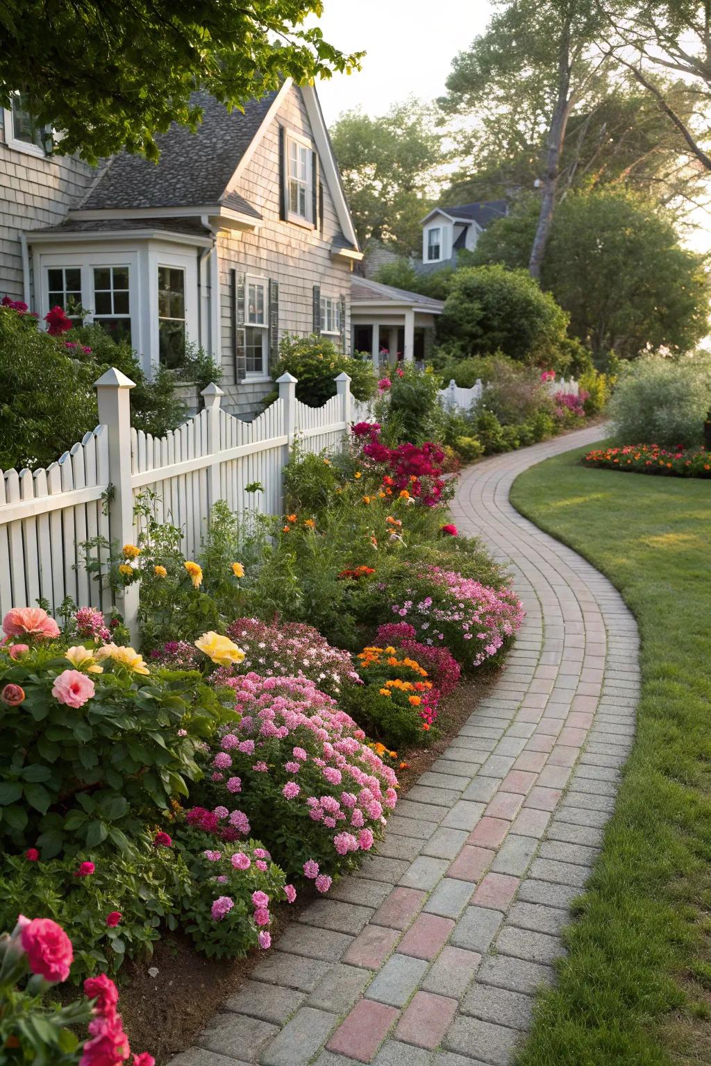 An endearing garden path fringed by colorful flowers, engendering an enchanting fluidity.