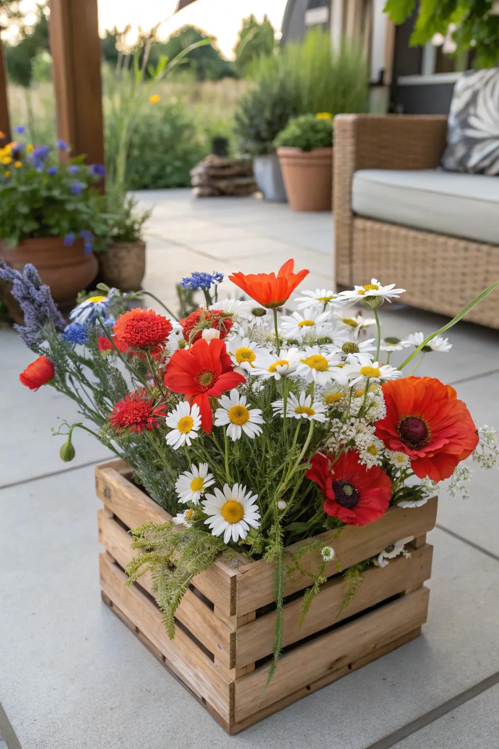 An enchanting wildflower bouquet establishing a serene ambiance on a patio.
