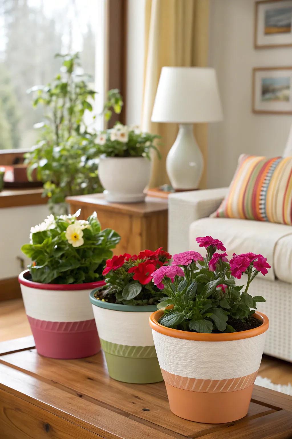 Themed flower containers creating a balanced appearance.