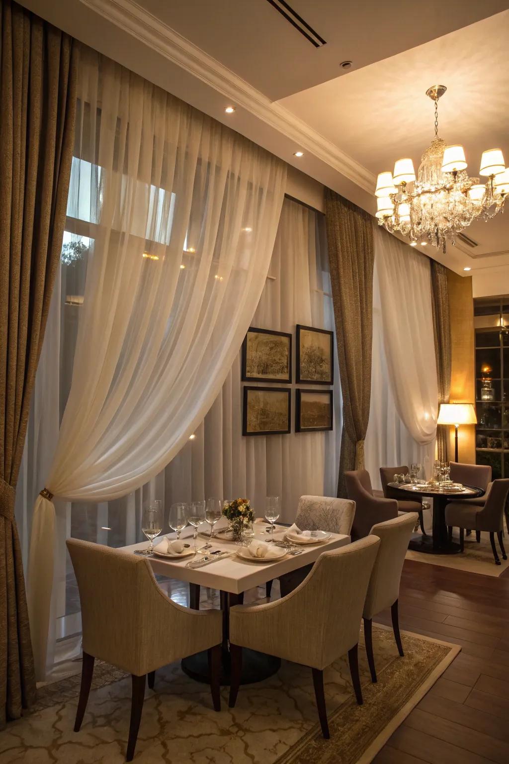 Layered light-filtering and substantial window coverings give depth and style to this dining space.