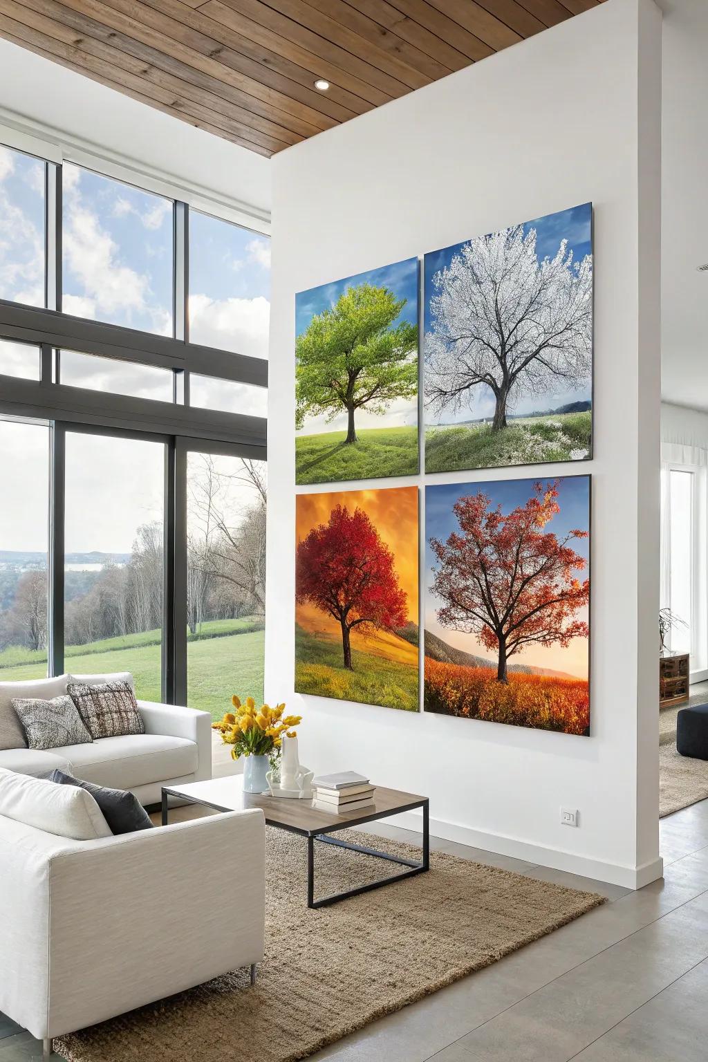 A painting segmented into quadrants, each saturated with the vivid tones of a season.