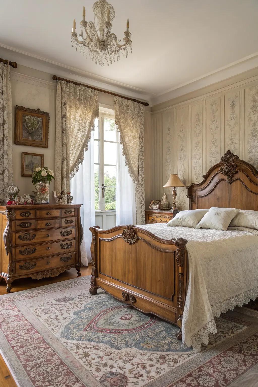 Timeless furnishings lend charm to this French-inspired bedroom.