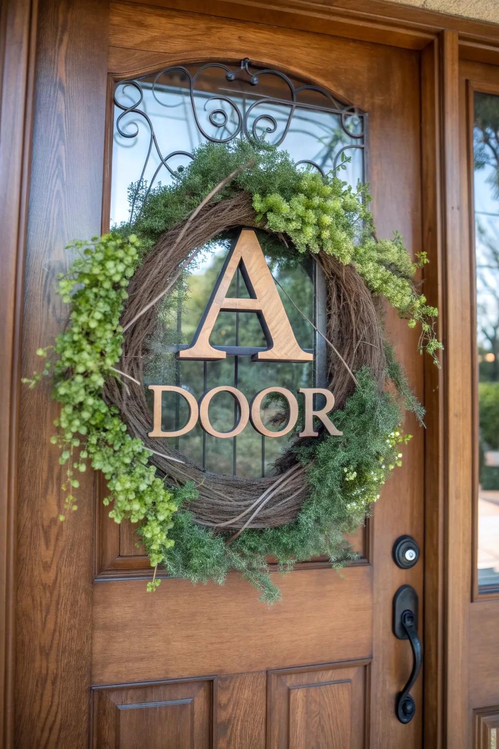 A bespoke initial embellishment amplifying the entrance with a personal signature.