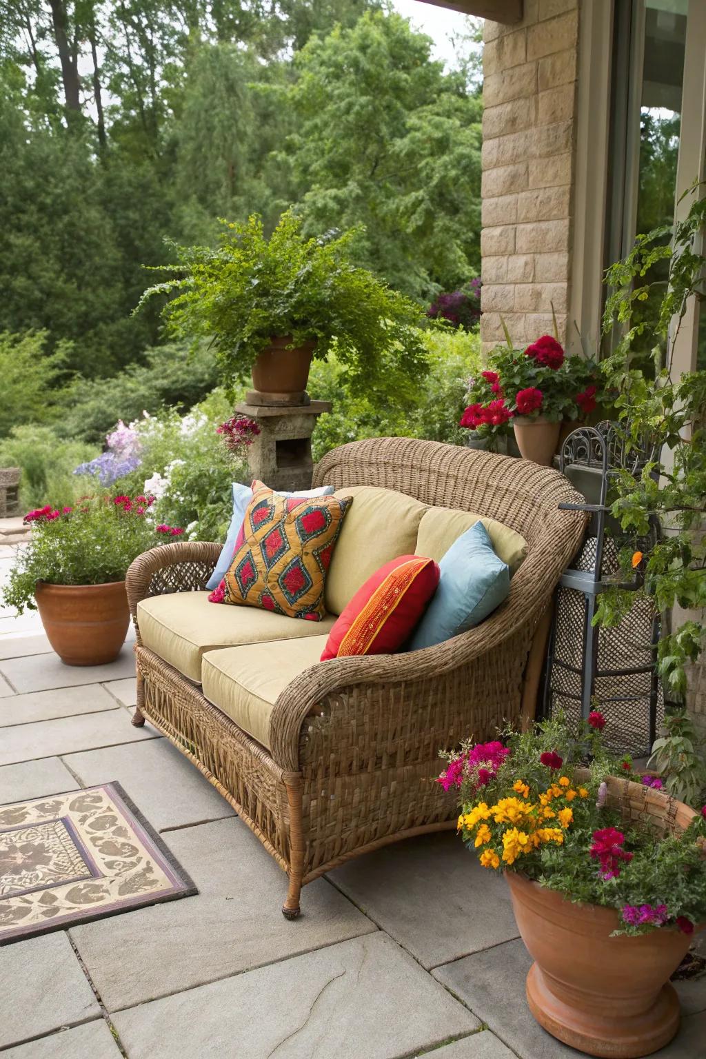 Wicker settees marry durability with comfort for an inviting porch environment.