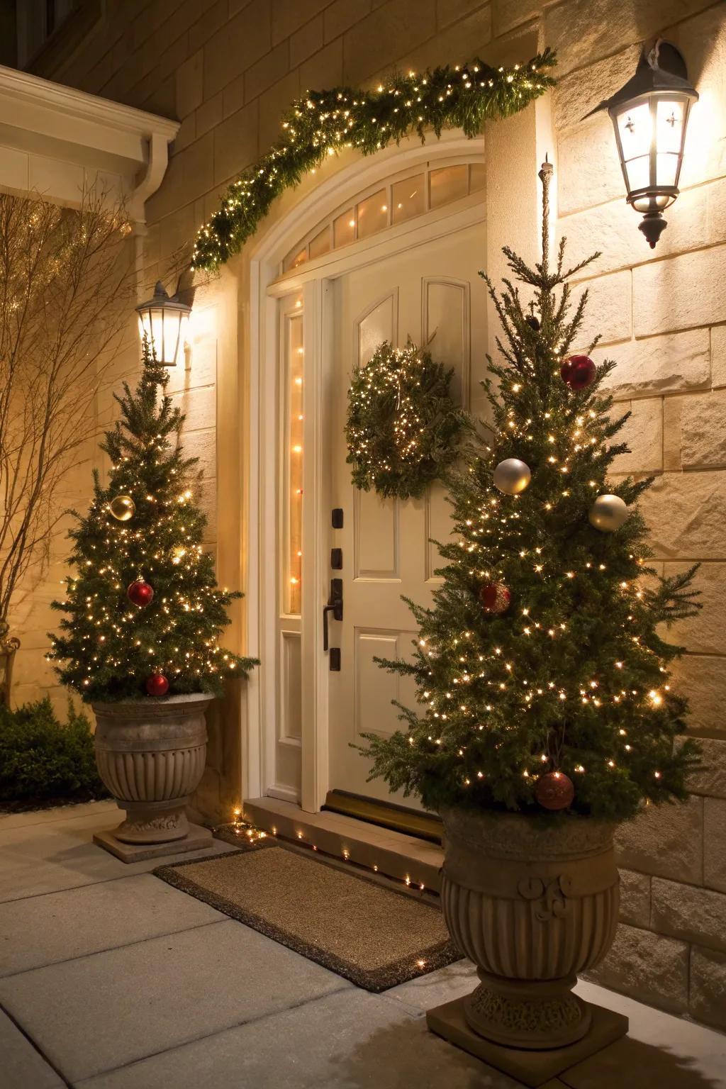 Mini Christmas trees in planters fashion a joyous entrance.