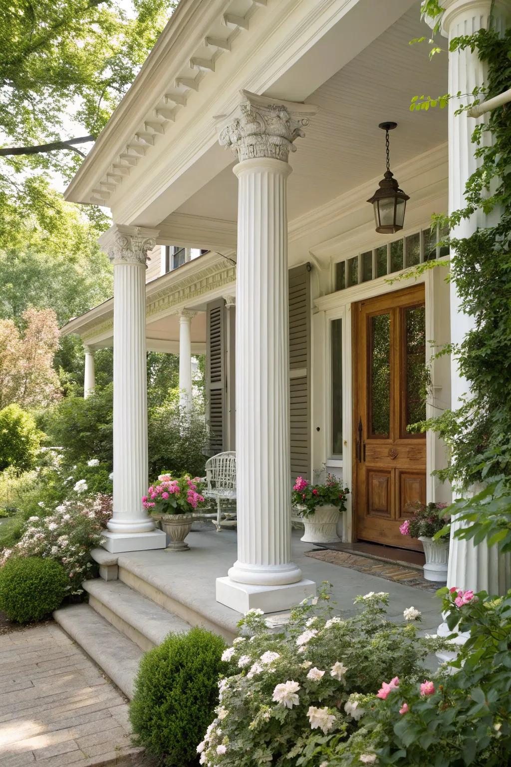 Ivory columns present a timeless and sophisticated aesthetic for any front porch.